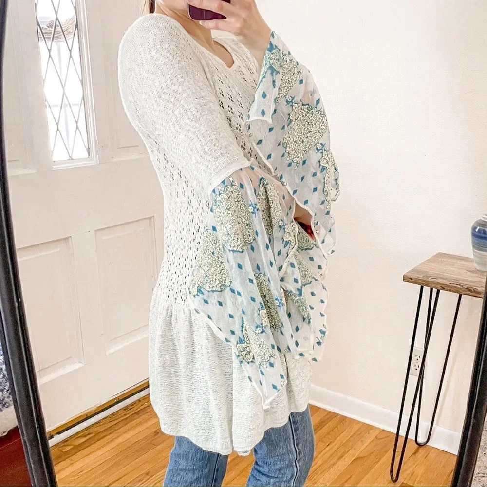 Free People Pointelle Breeze Knit Top in Ivory Combo L